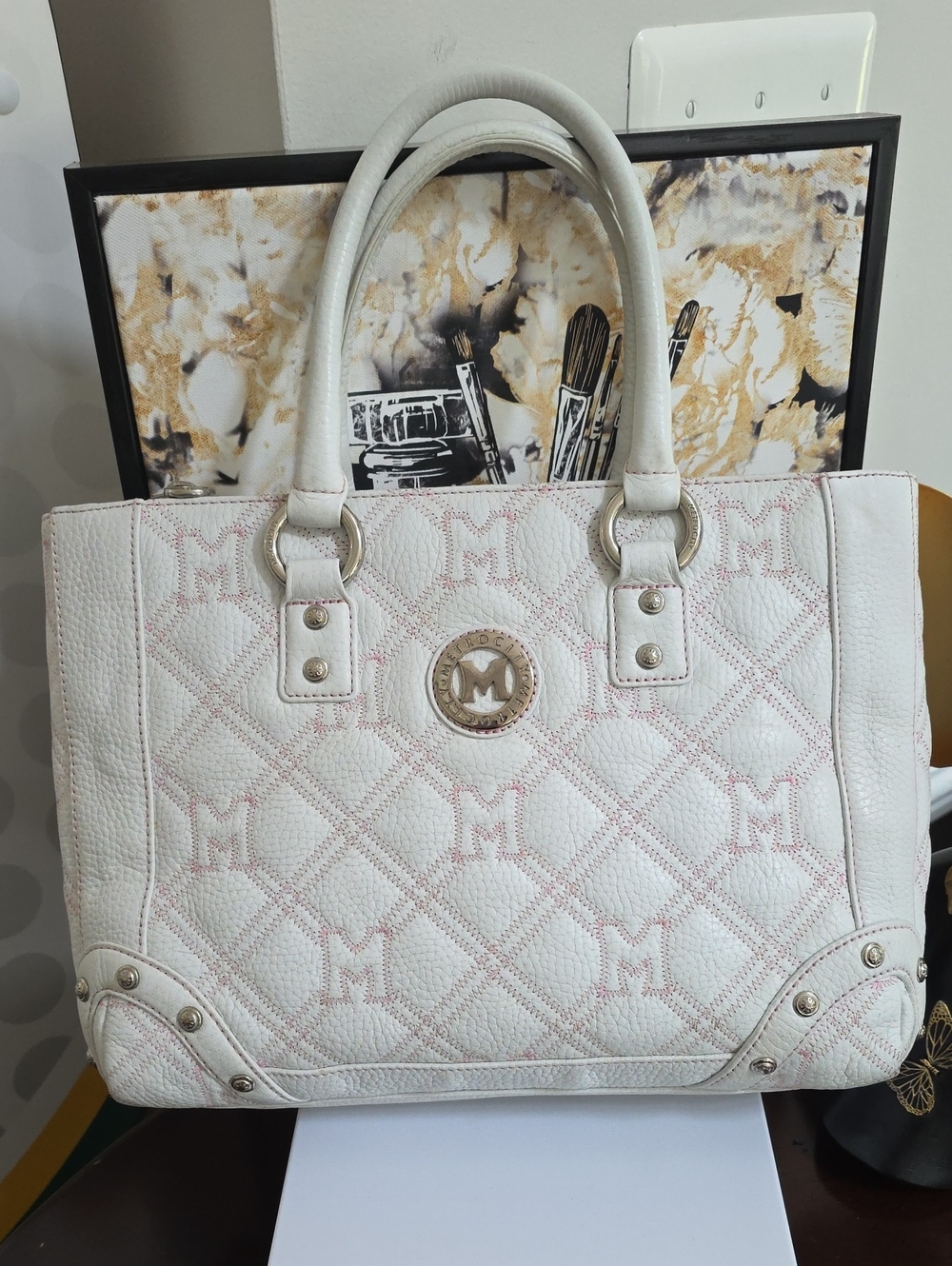 Metrocity White Quilted Tote with Pink Accent Stitching